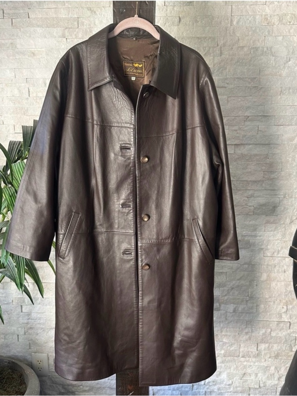 Vintage Solsona Brown Genuine Leather Long Coat 52 Y2K 90s Minimalist Mobwife - Picture 2 of 10